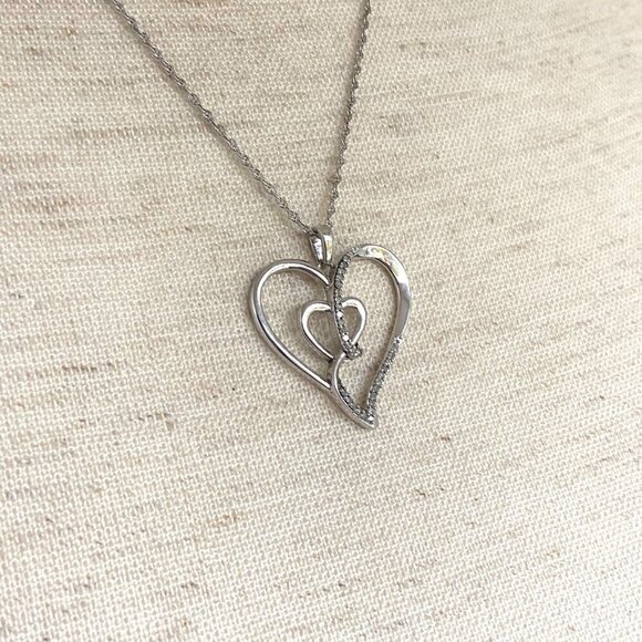 Sterling Silver 925 0.15 CTTW Diamond Heart In Heart Pendant Necklace 18" Chain - Picture 11 of 16